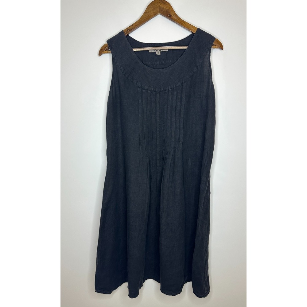 FLAX Faded Black 100% Linen Sleeveless Pleated Front Midi Shift Dress Size Small - Picture 2 of 10